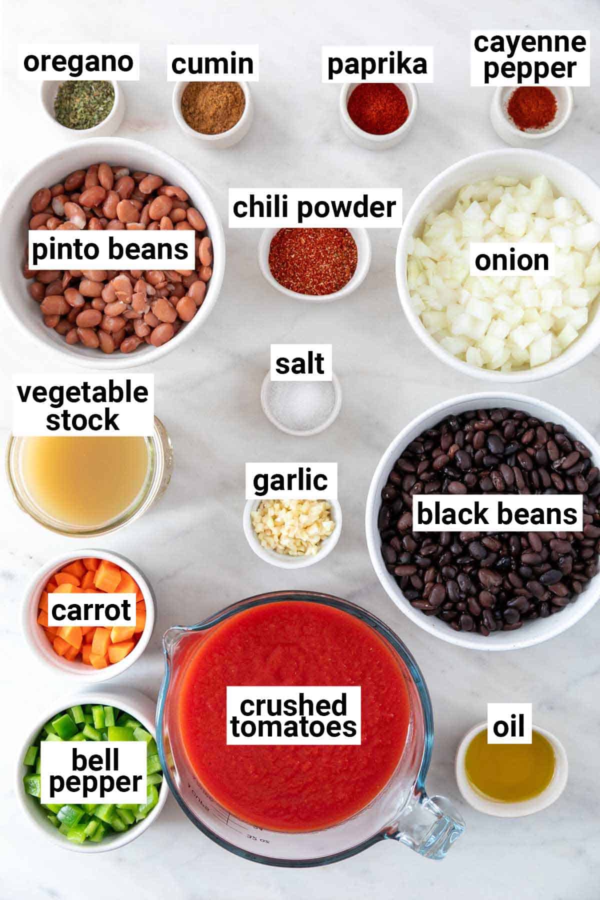 Ingredients needed to make vegan chili.