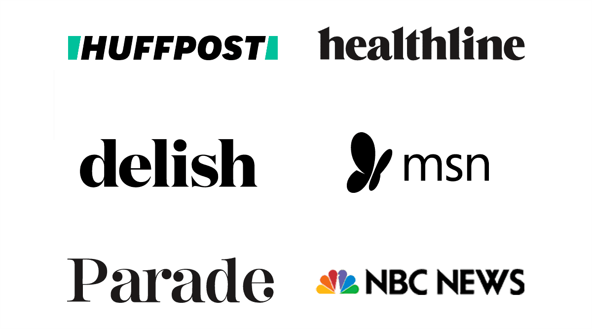 Logos of HuffPost, HealthLine, Delish, MSN, Parade, and NBC News.