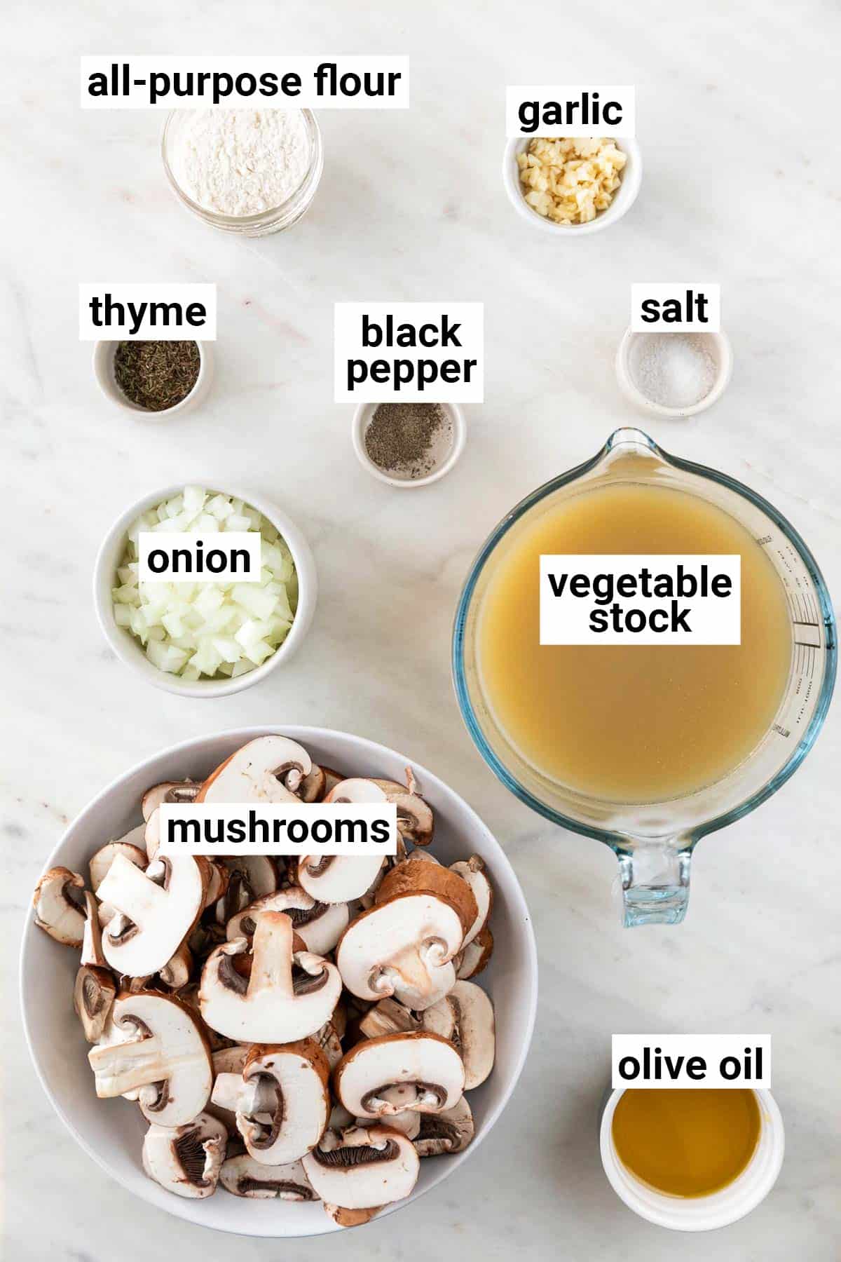 Ingredients needed to make vegan mushroom gravy.