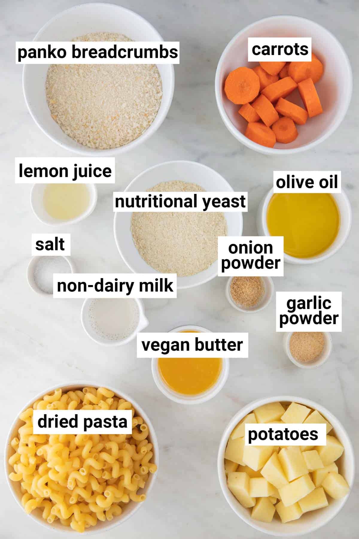 Ingredients needed to make vegan mac and cheese.