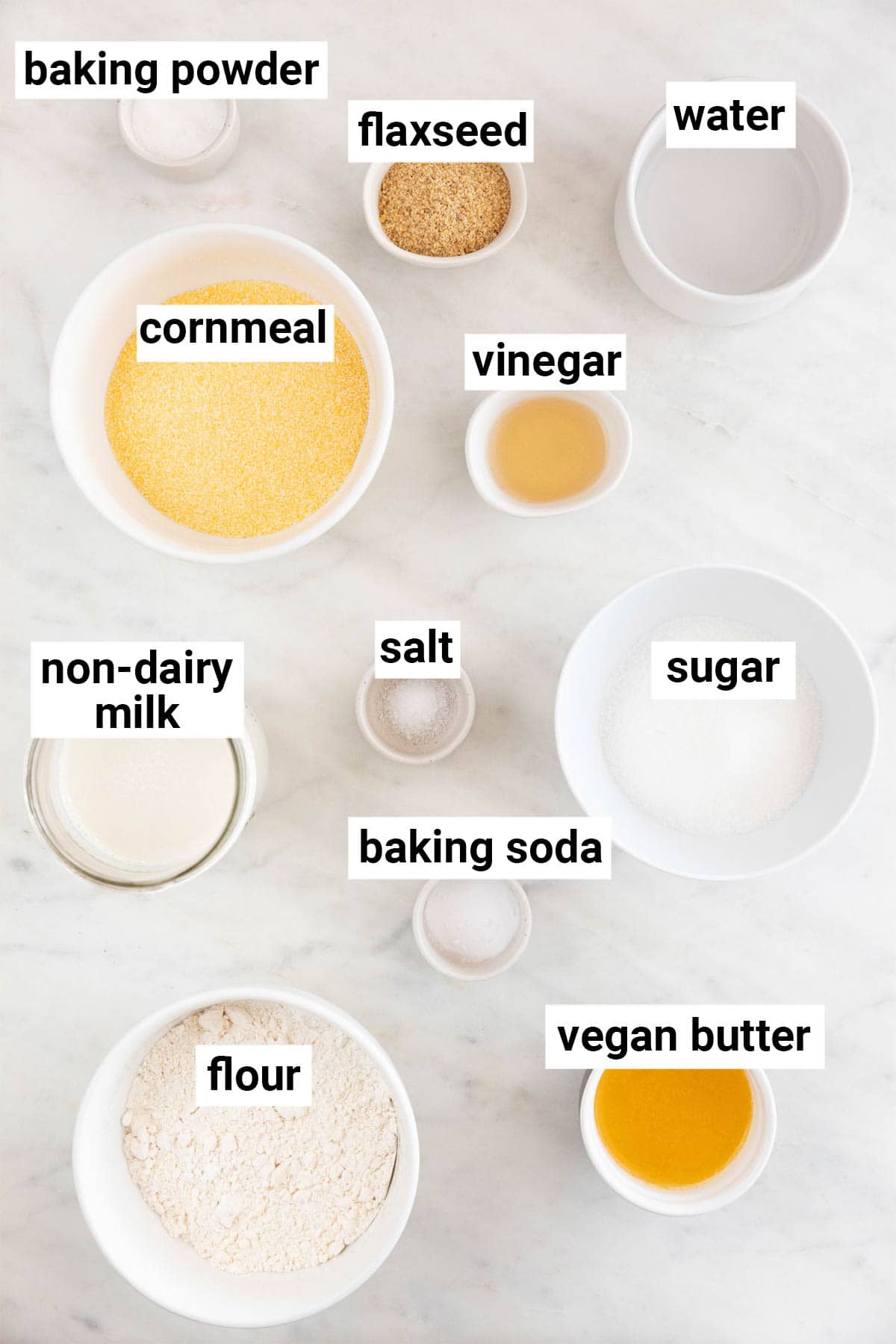 Ingredients needed to make vegan cornbread.