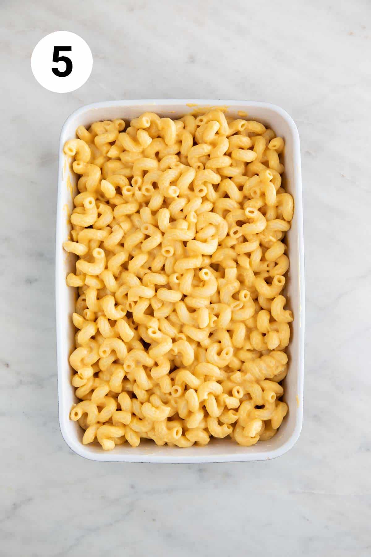 Vegan mac and cheese in a baking dish.