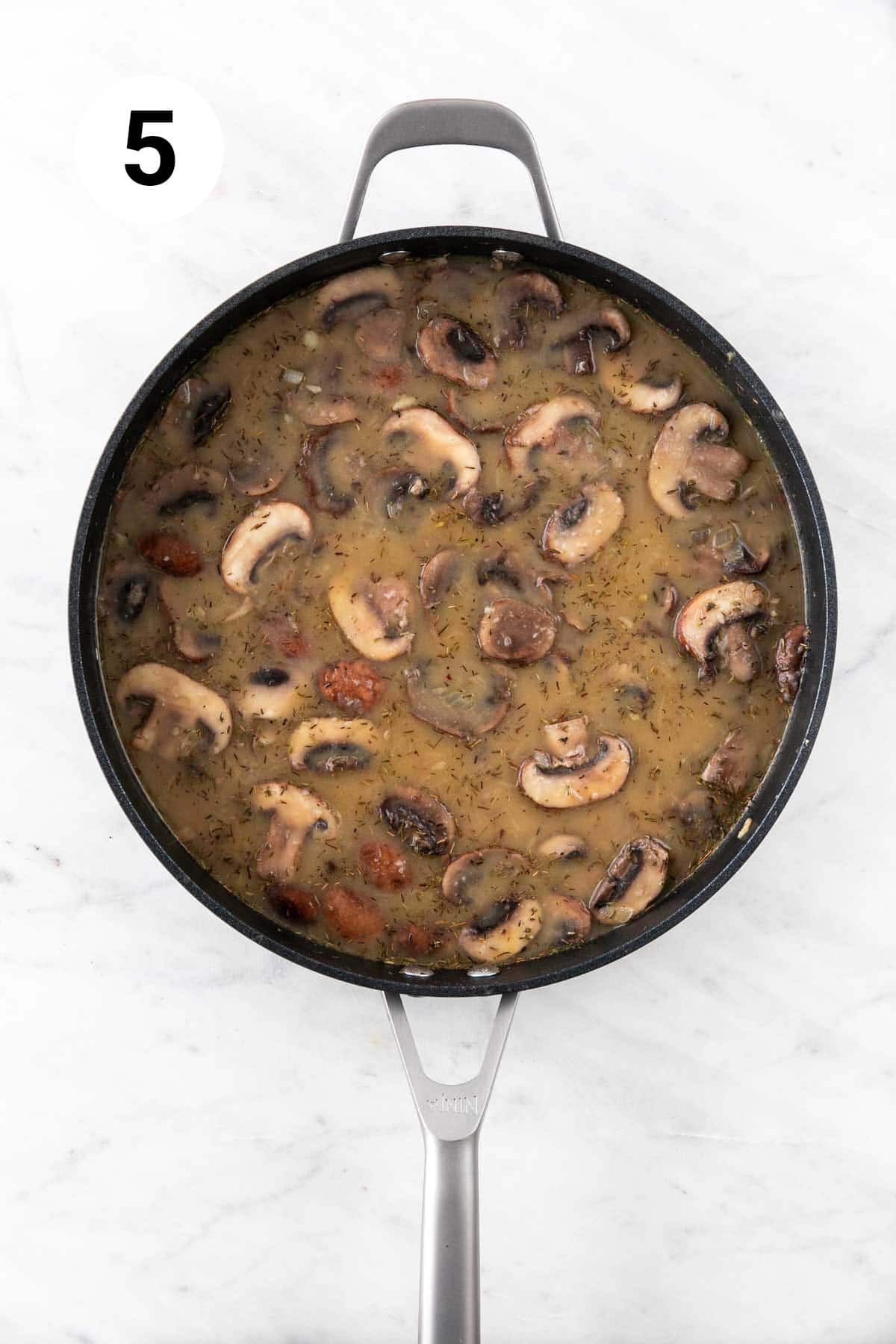 Vegan mushroom gravy with spices before thickening.