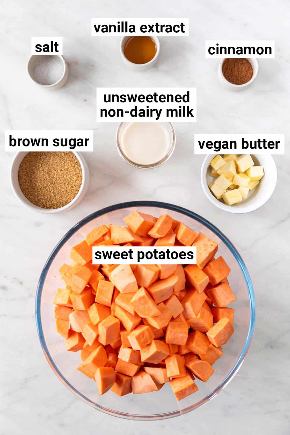 Ingredients needed to make the vegan sweet potato casserole filling.