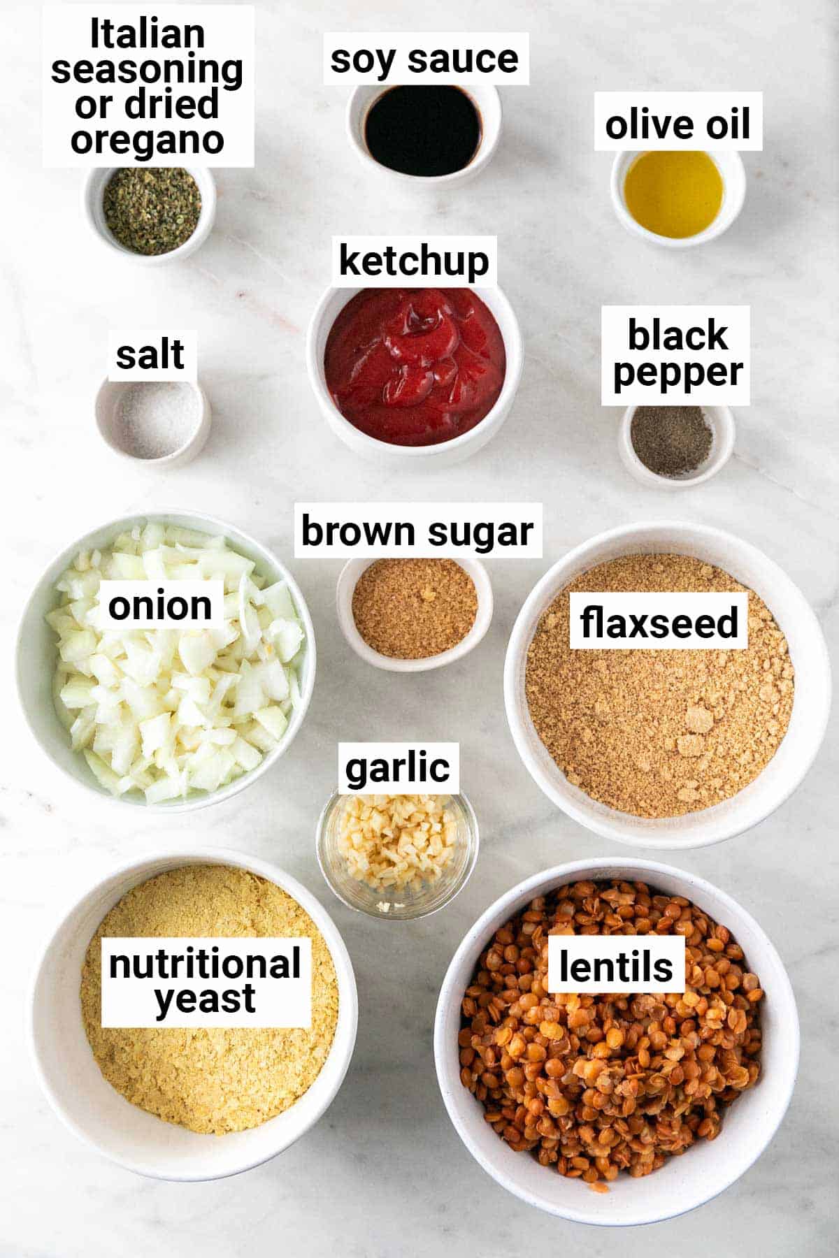 Ingredients needed to make vegan lentil loaf.