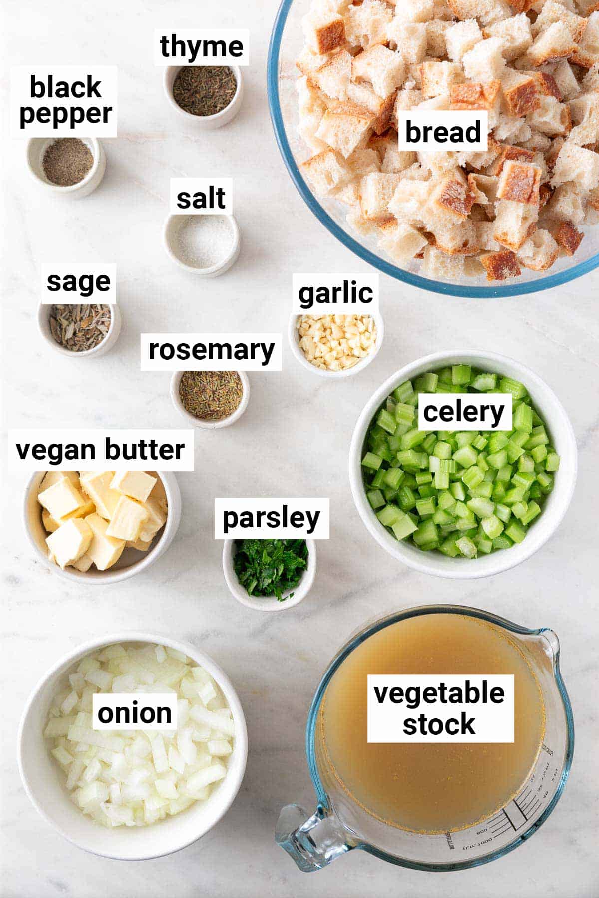 Ingredients needed to make vegan stuffing.