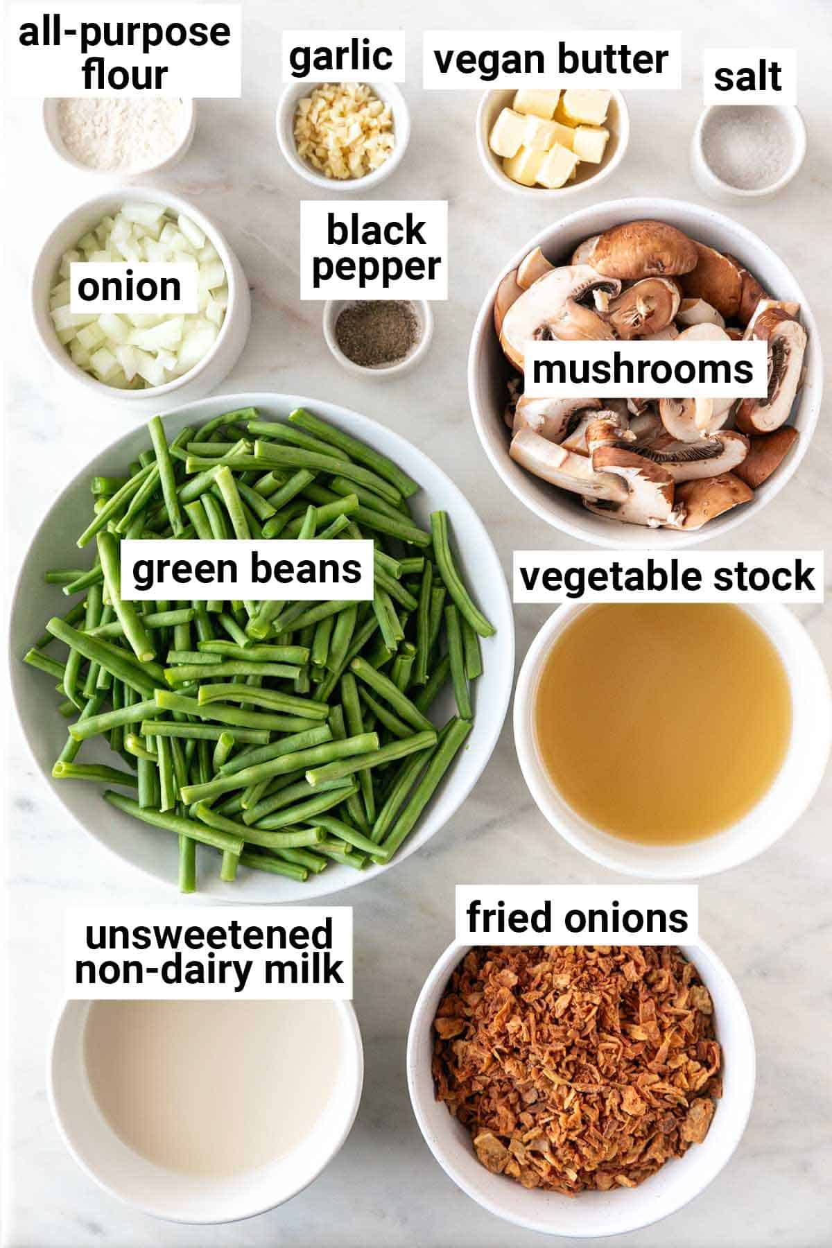Ingredients needed to make vegan green bean casserole.