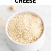 Vegan Parmesan cheese in a small white bowl.