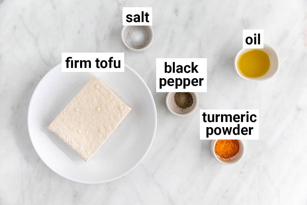 Ingredients needed to make tofu scramble.