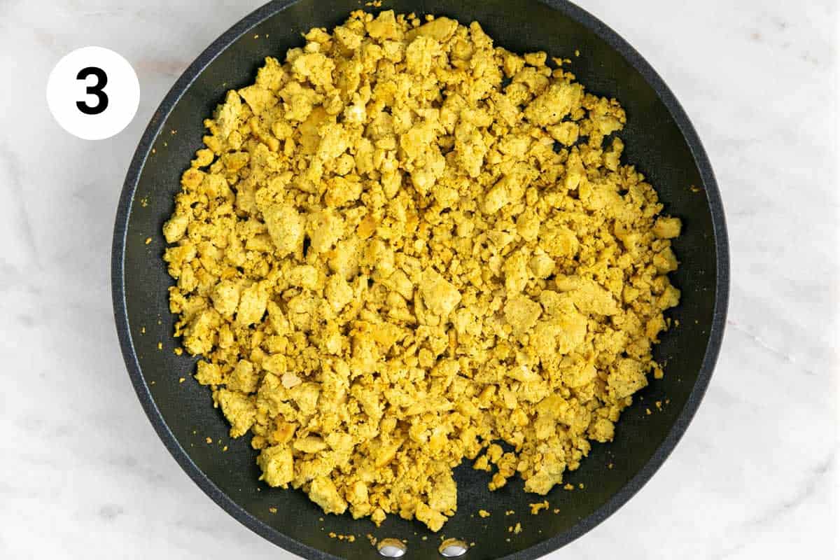 Tofu scramble in a pan after cooking.
