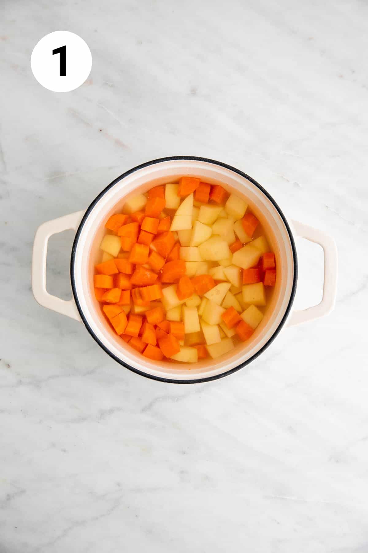 Uncooked potatoes and carrots in a pot with water.