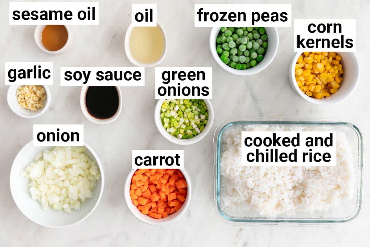 Ingredients needed to make vegan fried rice.