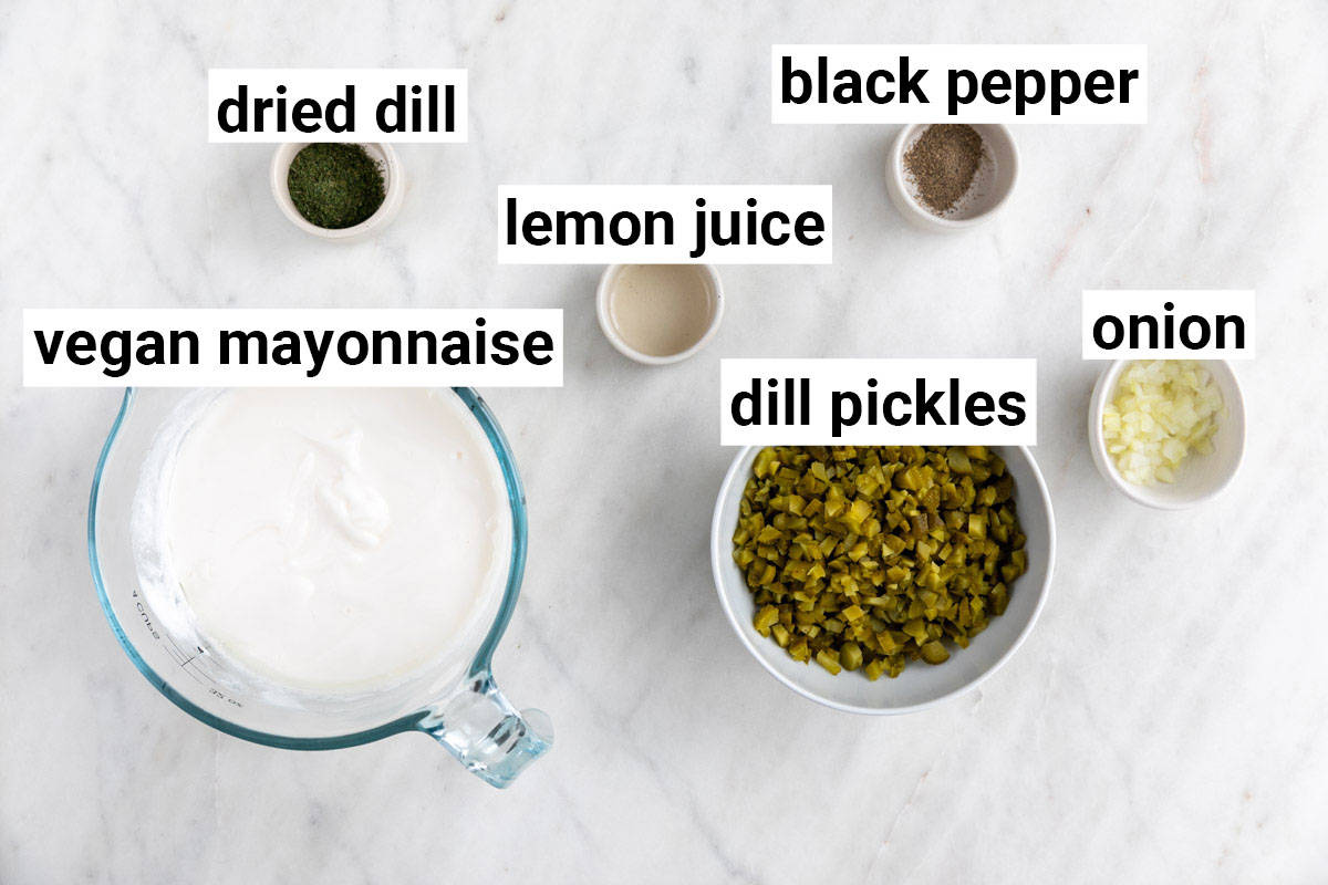Ingredients needed to make vegan tartar sauce.
