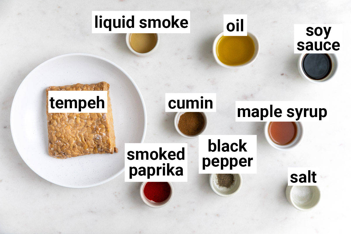 Ingredients needed to make smoky tempeh bacon.