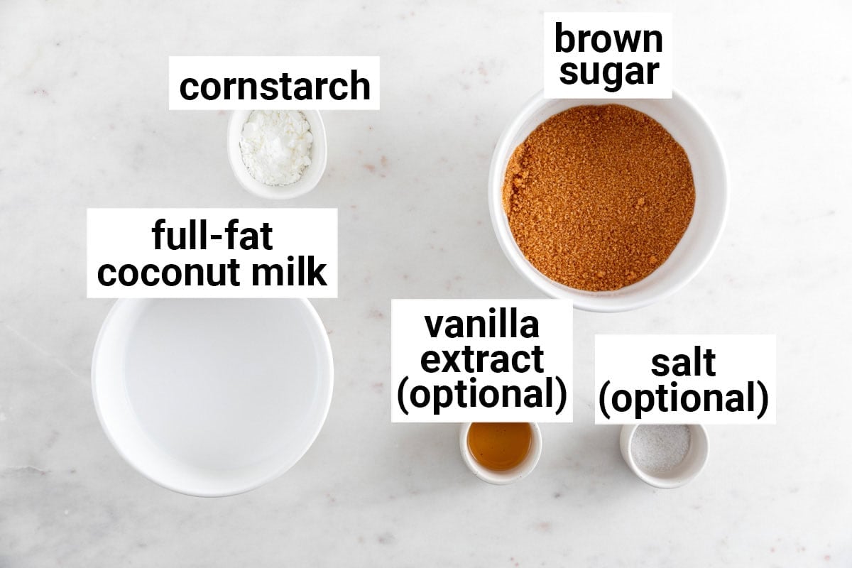 Ingredients needed to make vegan caramel sauce.
