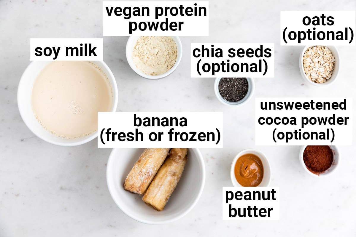 Ingredients needed to make vegan protein shake.