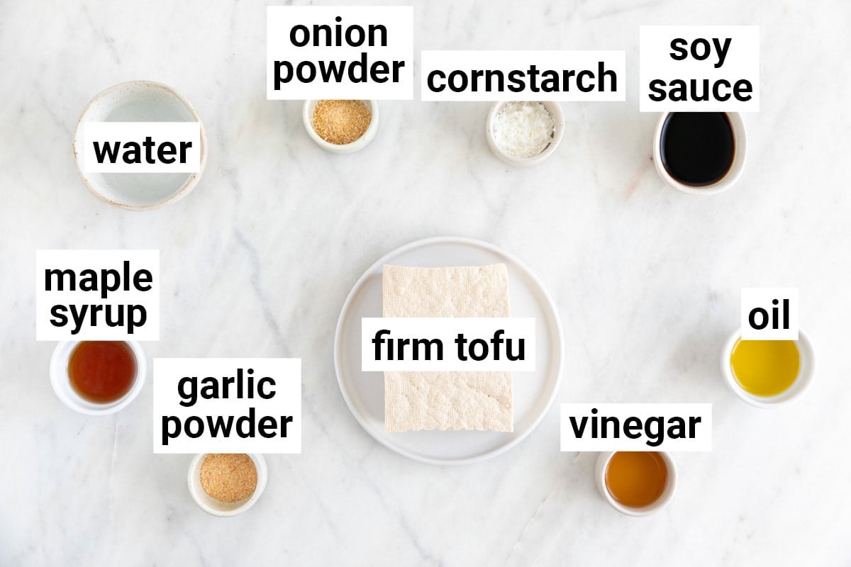 Ingredients needed to make marinated tofu salad.