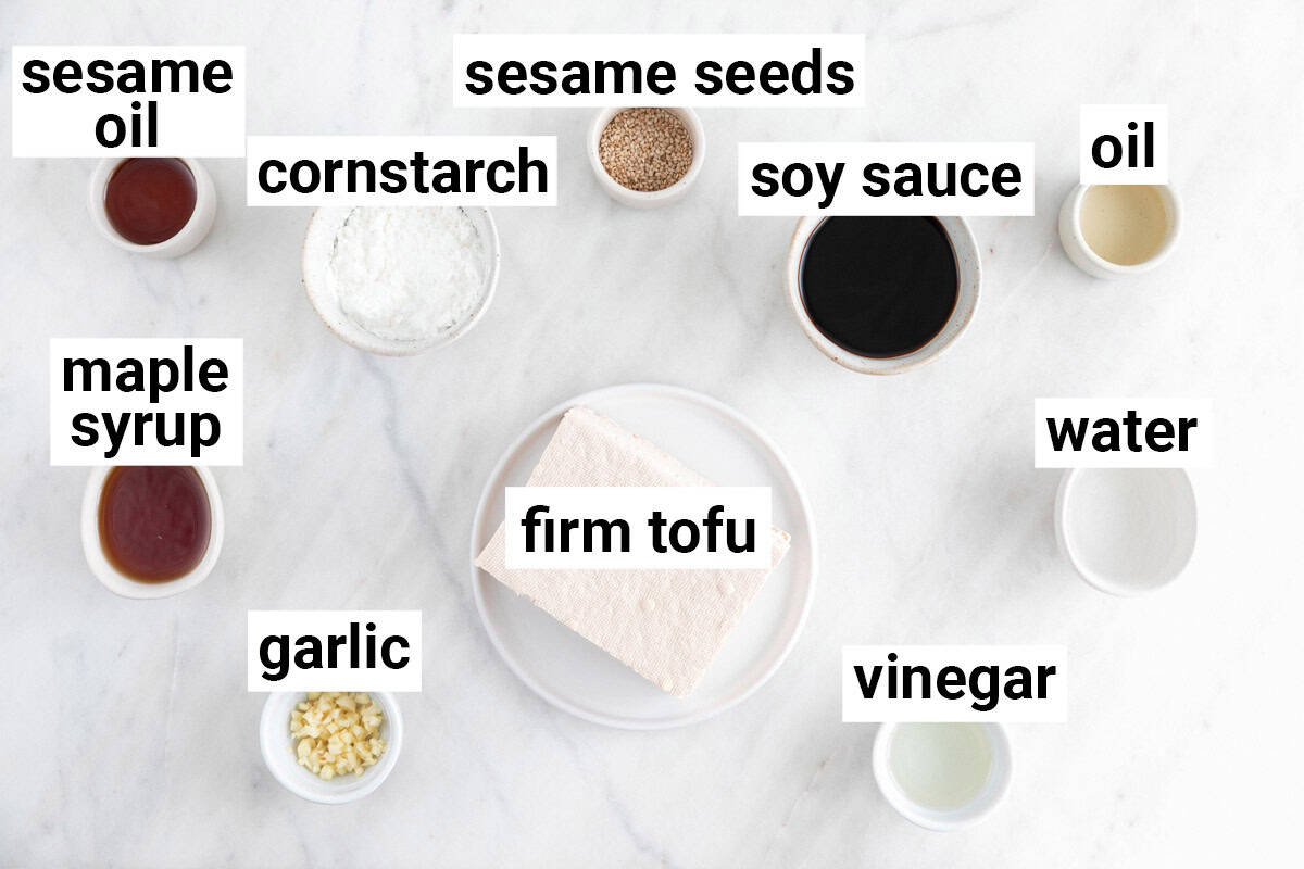 Ingredients needed to make crispy sesame tofu.