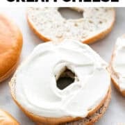 Bagels spread with vegan cream cheese.