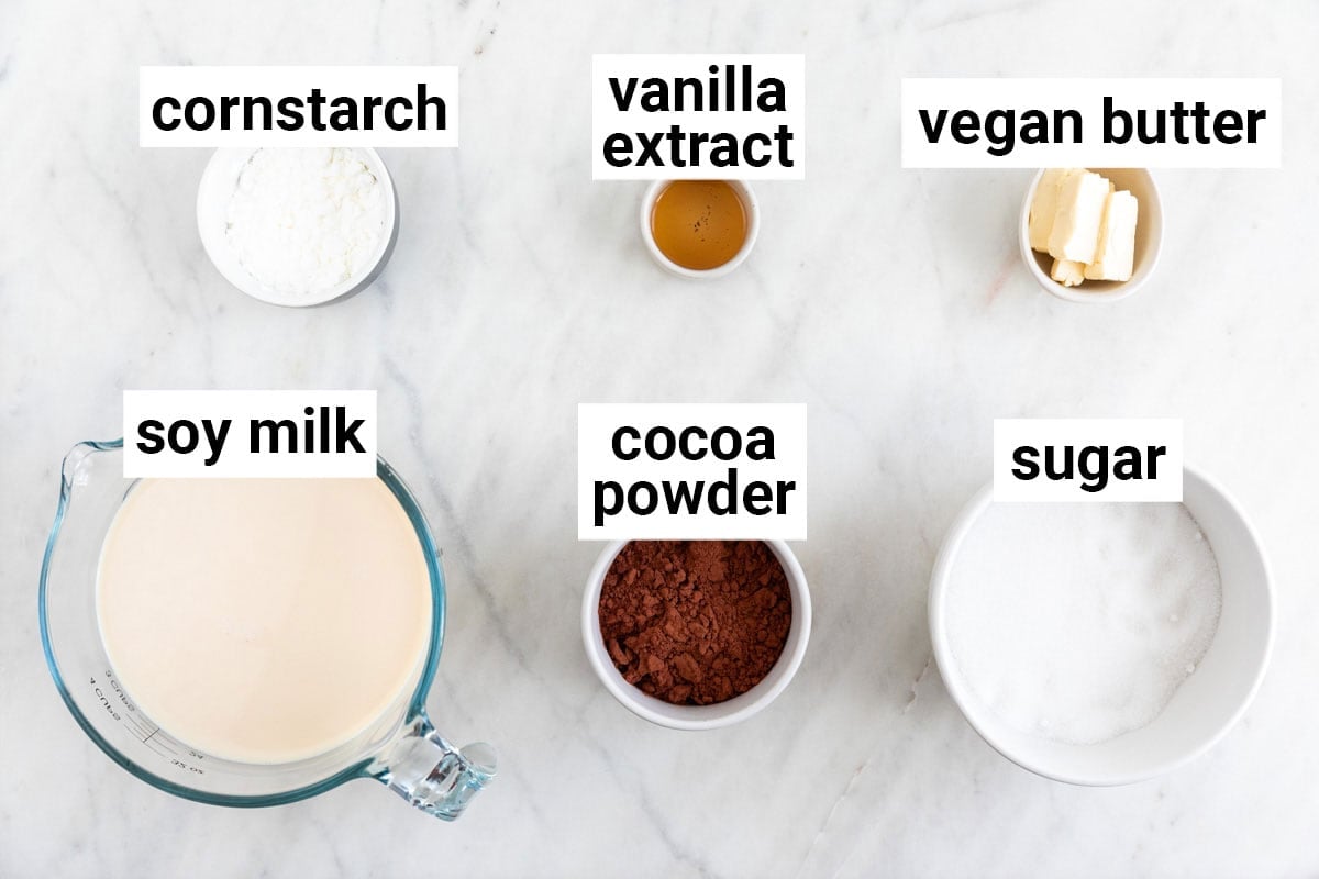Ingredients needed to make vegan chocolate pudding.