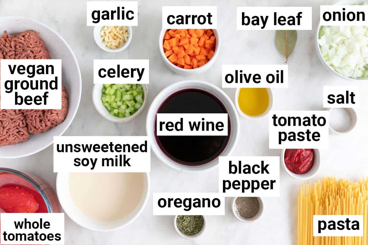Ingredients needed to make vegan bolognese sauce.