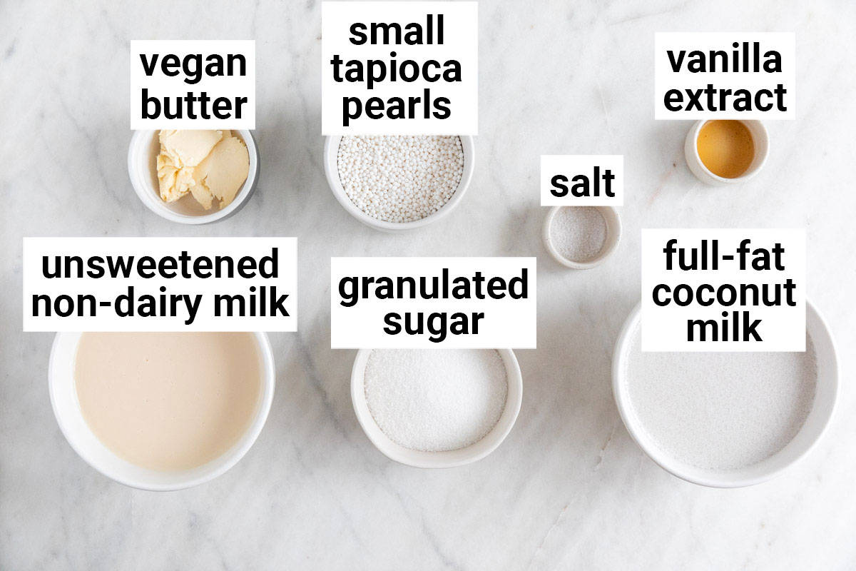 Ingredients needed to make vegan tapioca pudding.