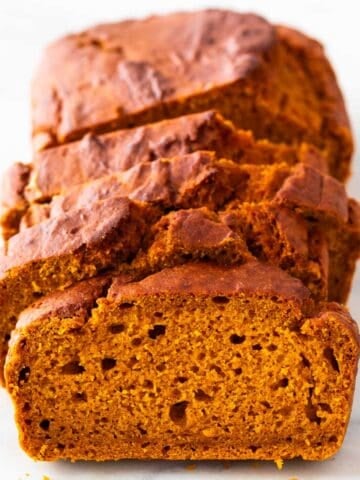 Sliced vegan pumpkin bread.