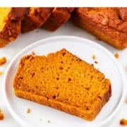 Sliced vegan pumpkin bread and a plated slice.