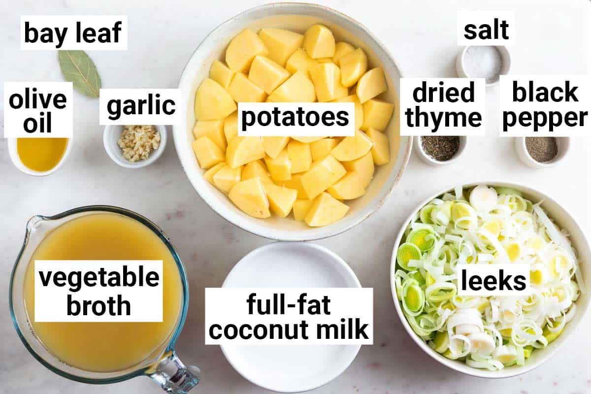 Ingredients needed to make vegan potato leek soup.