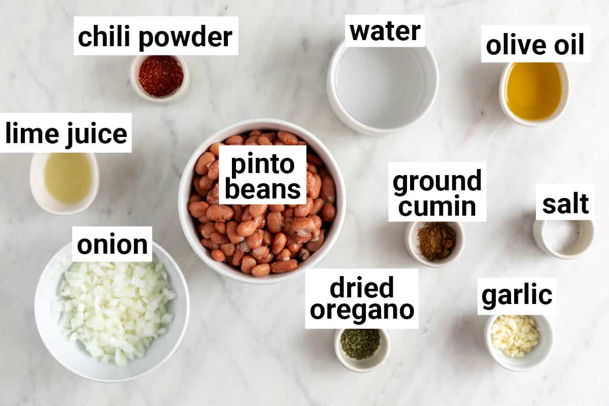 Ingredients needed to make vegan refried beans.