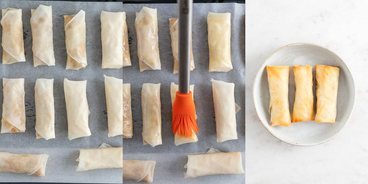 Photo collage on how to bake vegan spring rolls.