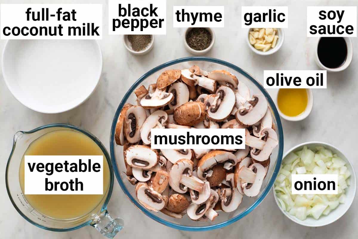 Ingredients needed to make vegan mushroom soup.