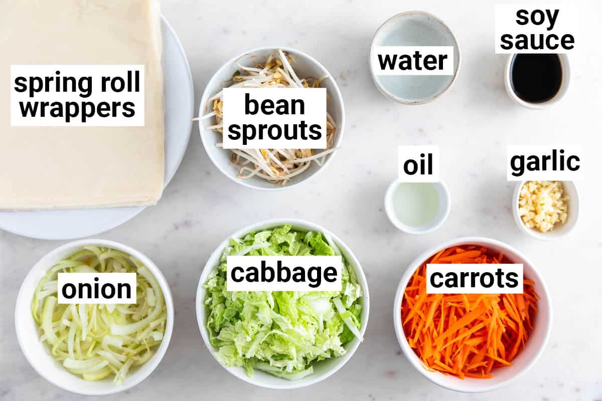 Ingredients needed to make vegan spring rolls.