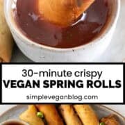 A vegan spring roll dipping into a bowl of sweet and sour sauce.