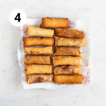 Vegan spring rolls on a plate lined with paper towels.