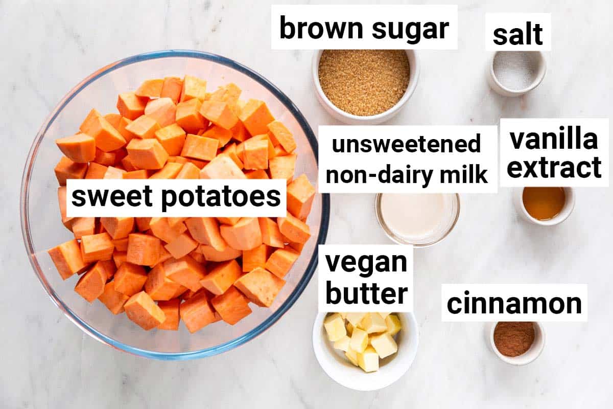 Ingredients needed to make the vegan sweet potato casserole filling.