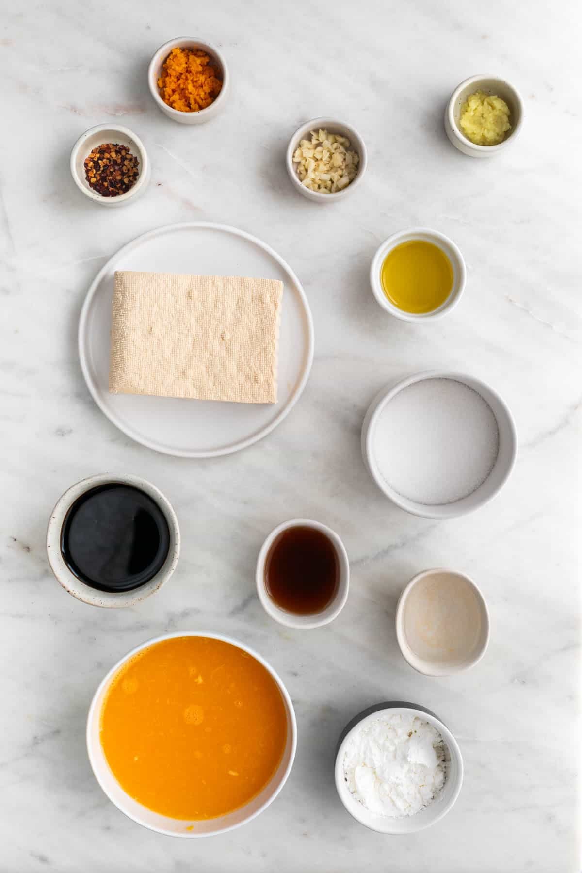 Ingredients for making orange tofu.