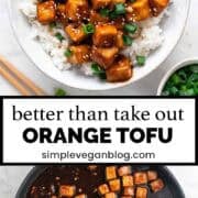 Orange tofu served in a bowl over rice, garnished with sesame seeds and scallions.