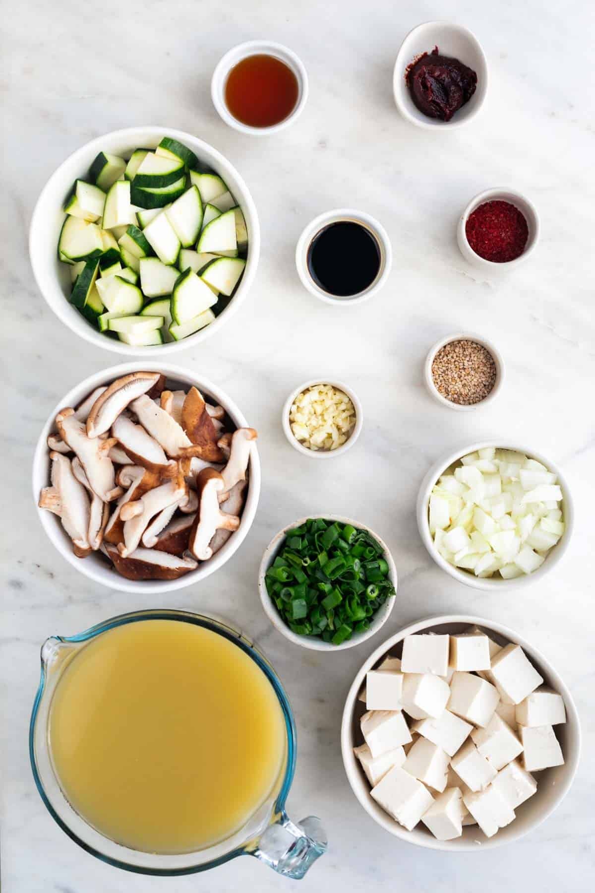 Ingredients for making spicy Korean tofu soup.