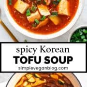 Two bowls of spicy Korean tofu soup, surrounded by additional bowls of toppings.