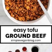 Crumbled tofu ground beef in a bowl with a spoon.