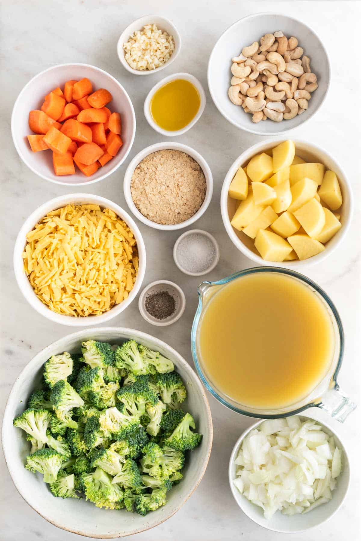 Ingredients for making vegan broccoli cheddar soup.