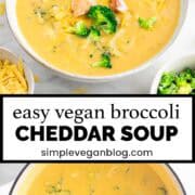 Vegan broccoli cheddar soup in a bowl garnished with bread and cheddar cheese, with toppings around.