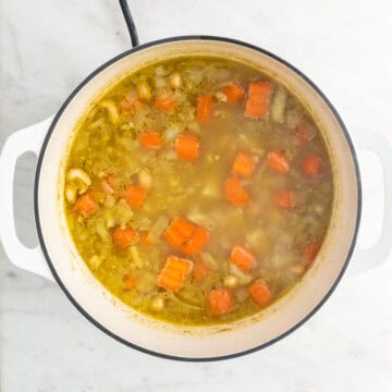 Cooked soup before blending and adding the broccoli and vegan cheese.