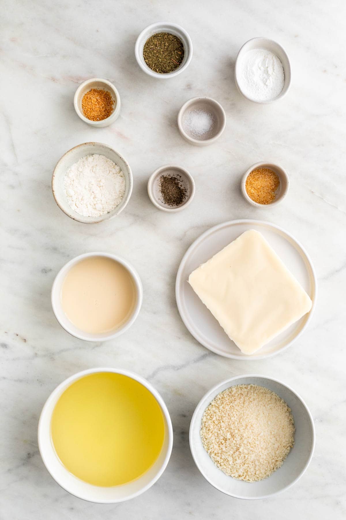 Ingredients for making vegan mozzarella sticks.