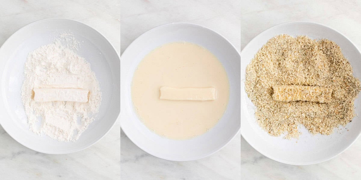 Triptych showing a vegan mozzarella stick being coated in each of the three shallow dishes.