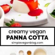 Vegan panna cotta served on a plate with strawberry coulis, a strawberry on top, and mint leaves.
