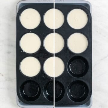 Silicone mold with vegan panna cotta mixture before and after cooling.