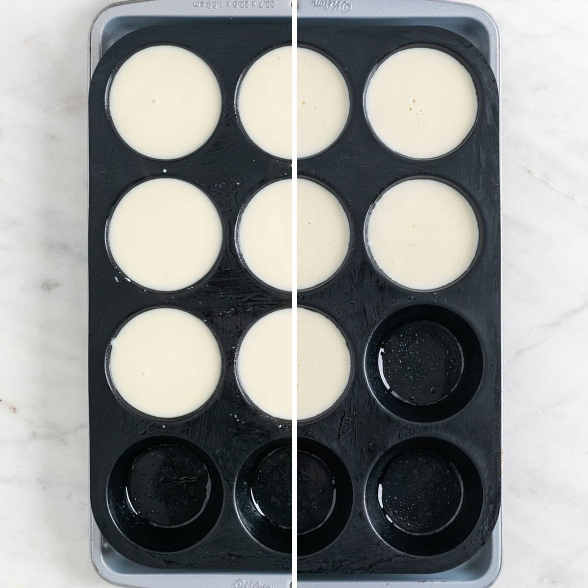 Silicone mold with vegan panna cotta mixture before and after cooling.
