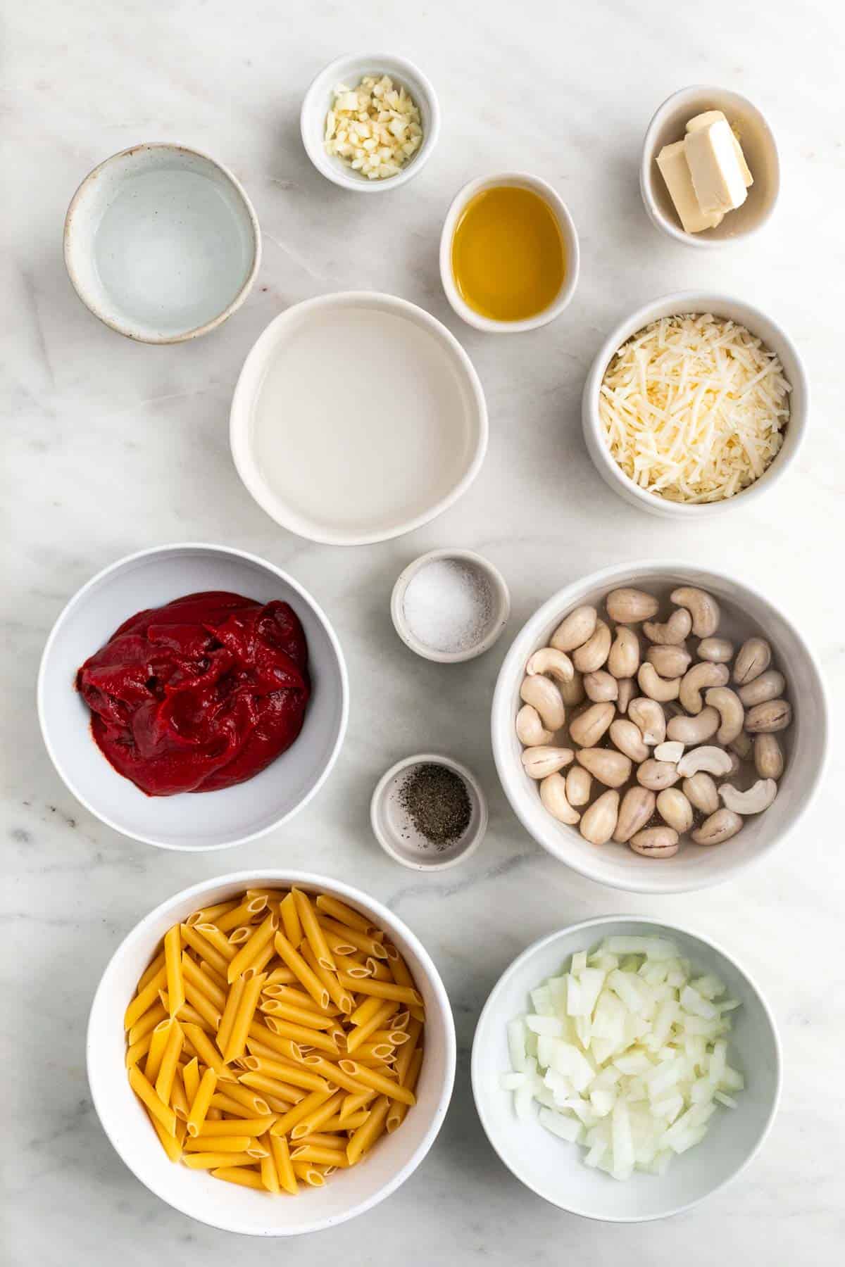 Ingredients for making vegan vodka sauce.